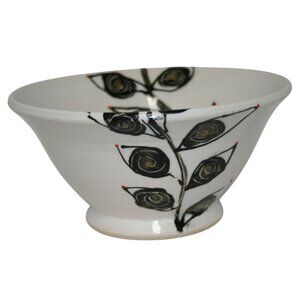 Handmade Studio Pottery Rice/Ramen Bowl With Black & Gold Leaf Design Signed 7"